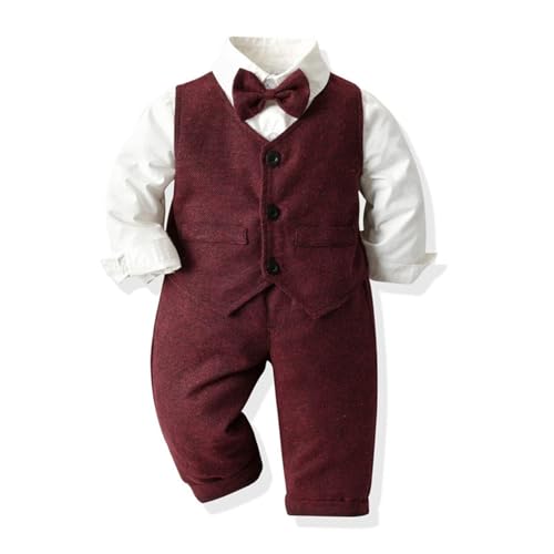Volunboy Infant Gentleman Suit 9-12 Months Toddler Red Formal Wedding Outfit Baby Boy 3 Piece Long Sleeve Vest Shirt and Pants Set (WineRed, 9-12 Months) - Image 1