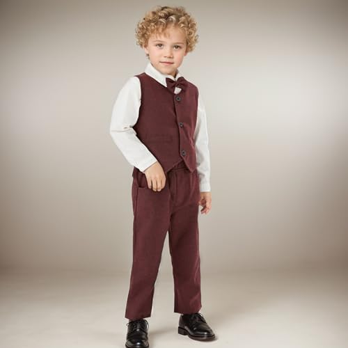 Volunboy Infant Gentleman Suit 9-12 Months Toddler Red Formal Wedding Outfit Baby Boy 3 Piece Long Sleeve Vest Shirt and Pants Set (WineRed, 9-12 Months) - Image 4