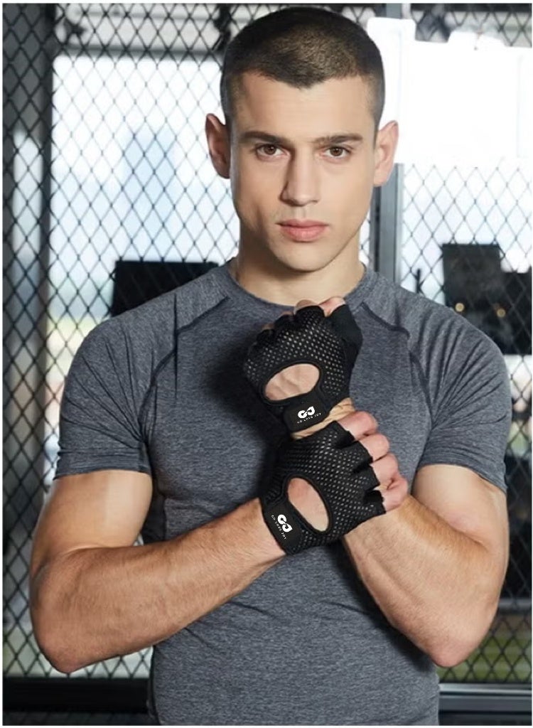 اذهب واحب الفرح زوج من قفازات اللياقة البدنية مع حماية لراحة اليد، قفازات تدريب نصف الإصبع، قفازات رفع الأثقال خفيفة الوزن للرجال/النساء، رياضية قابلة للتنفس، أسود متوسط - Image 5