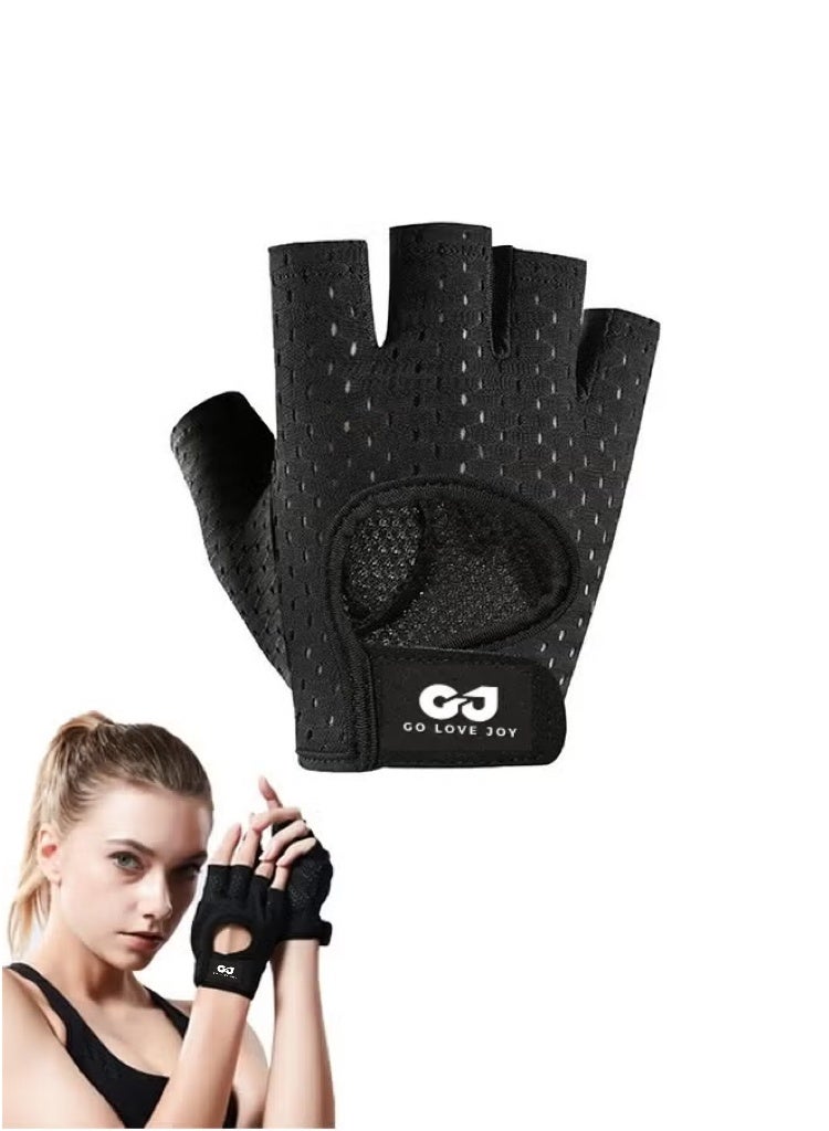 اذهب واحب الفرح زوج من قفازات اللياقة البدنية مع حماية لراحة اليد، قفازات تدريب نصف الإصبع، قفازات رفع الأثقال خفيفة الوزن للرجال/النساء، رياضية قابلة للتنفس، أسود متوسط - Image 1