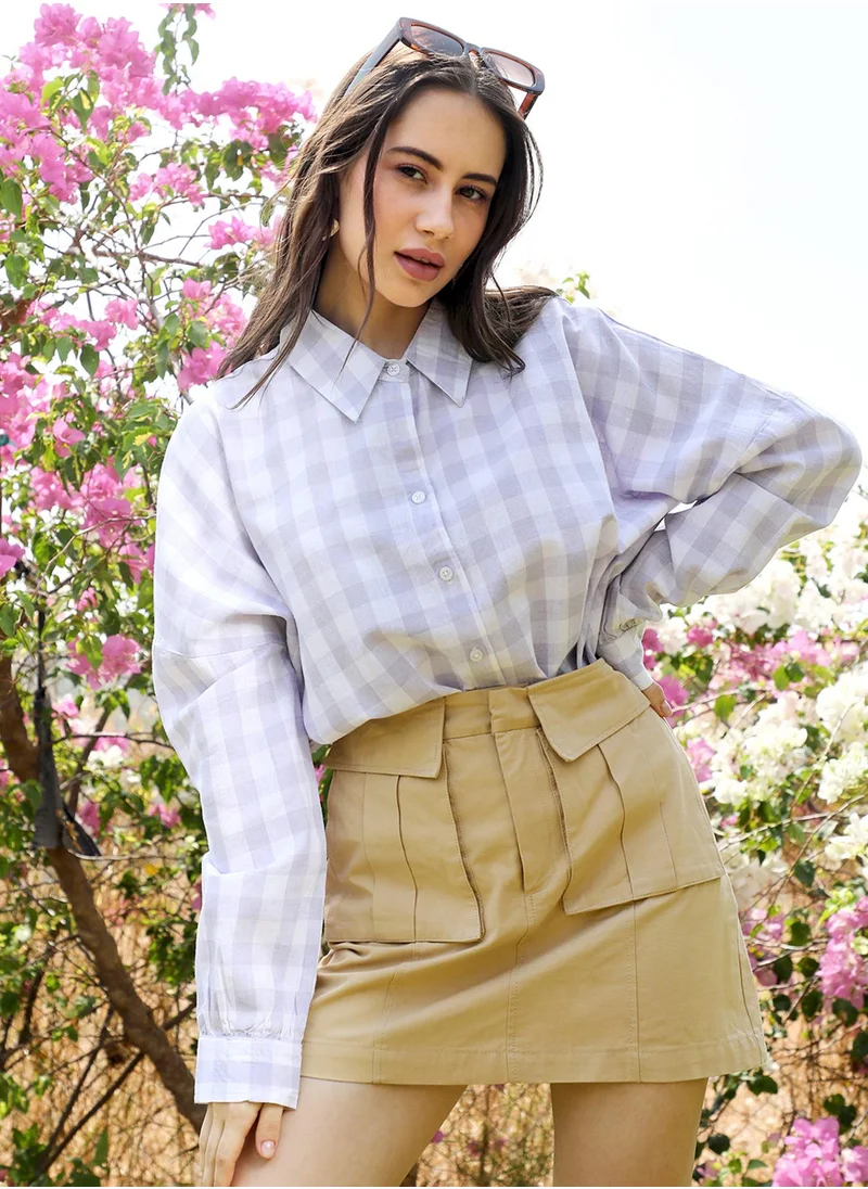 PINACOLADA Women's Lavender Tartan Plaid Boxy Shirt