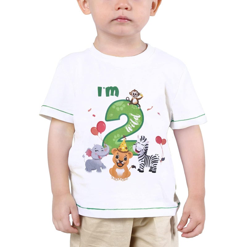 WAWSAM Baby Boy 2nd Birthday T-Shirt - I’m Two Wild 2 Jungle Animals Birthday Top Tee Two Years Old Jungle Birthday Party 100% Cotton Printed Short Sleeve T Shirt Gift (White, 2T) - Image 1