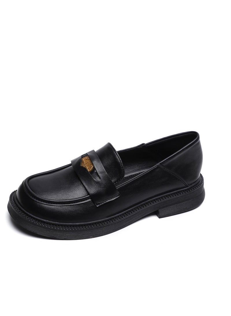 Loquat Vintage Small Leather Shoes College Style Soft Soles Black 