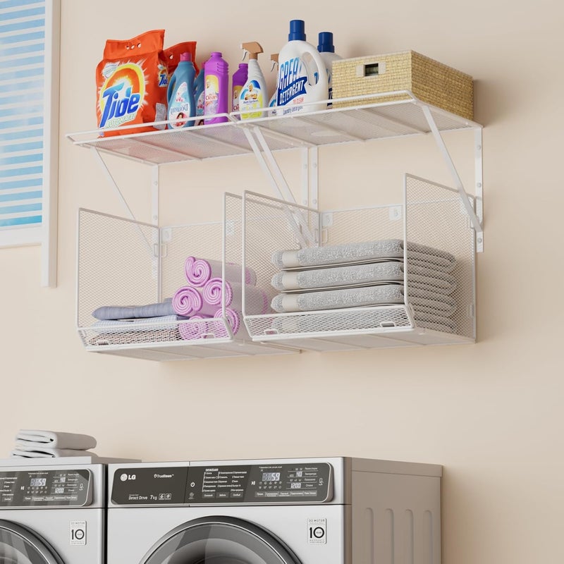 BigPonPon 2 Pack Laundry Room Shelves Organization And Storage,Wall Mounted Clothes Drying Rack With Wire Mesh Basket Over Washer And Dryer,Large Capacity Floating Wall Shelf For Bathroom,Kitchen,Storeroom - Image 1