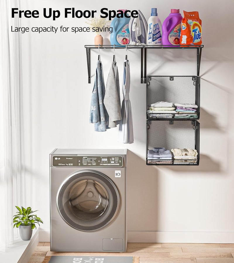 BigPonPon 2 Pack Laundry Room Shelves Organization And Storage,Wall Mounted Clothes Drying Rack With Wire Mesh Basket Over Washer And Dryer,Large Capacity Floating Wall Shelf For Bathroom,Kitchen,Storeroom - Image 4