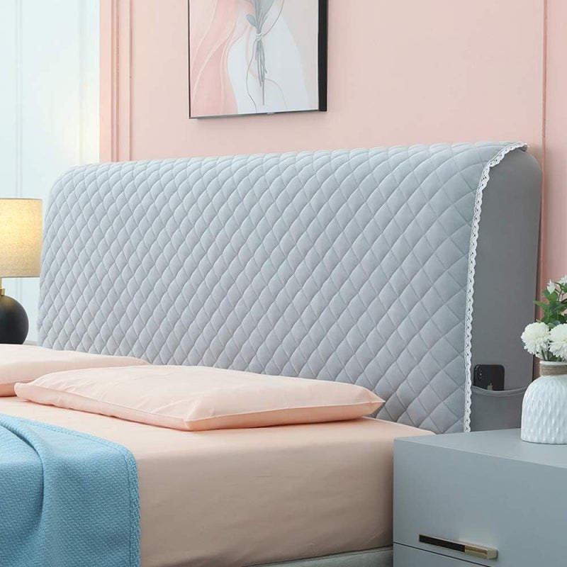 Bed Headboard Slip Soft Comfortable Velvet Twin Full Queen King Size Bed Backrest Protector Stretch Solid Color Dustproof Thicken Bed Head for Bedroom Decor Pink-200CM (Grey2 120CM) - Image 1