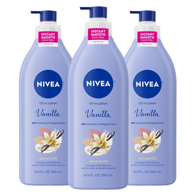 NIVEA Oil Infused Vanilla and Almond Oil Body Lotion for Women, Fast-Absorbing and Non-Greasy Vanilla Scented Lotion Moisturizes for 48 Hours, 16.9 Fl Oz Pump Bottle, Pack of 3 - Image 1