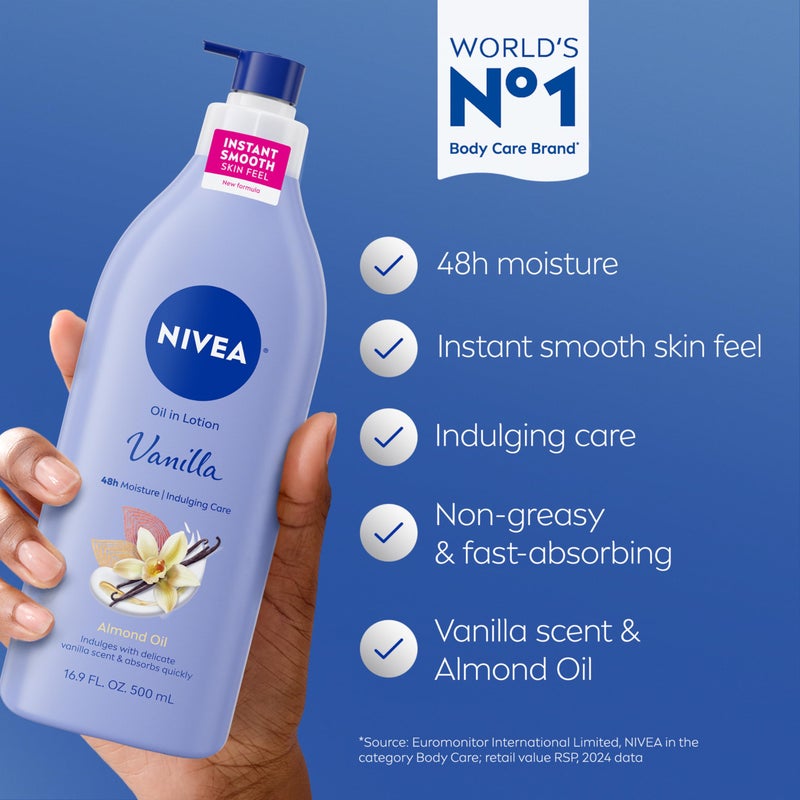 NIVEA Oil Infused Vanilla and Almond Oil Body Lotion for Women, Fast-Absorbing and Non-Greasy Vanilla Scented Lotion Moisturizes for 48 Hours, 16.9 Fl Oz Pump Bottle, Pack of 3 - Image 3