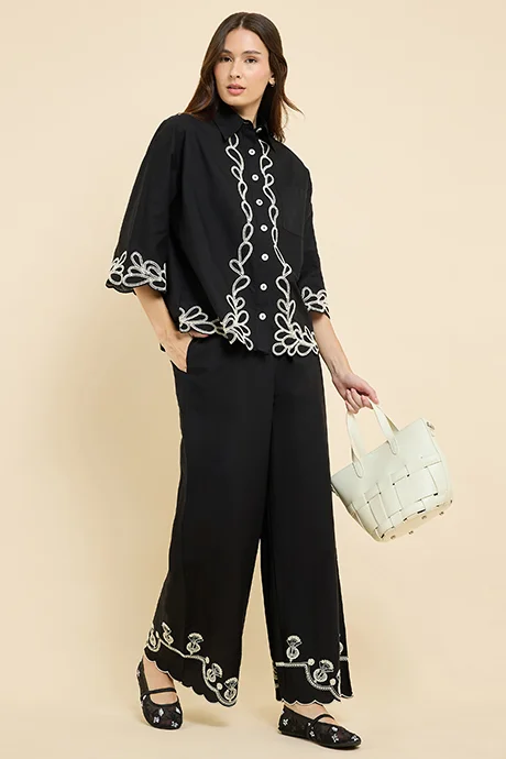 R&b Embroidered Wide Leg Pants with Drawstring Waist