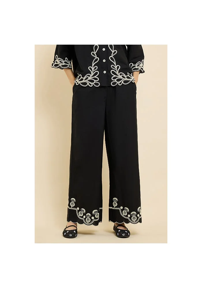 أر أند بي Embroidered Wide Leg Pants with Drawstring Waist