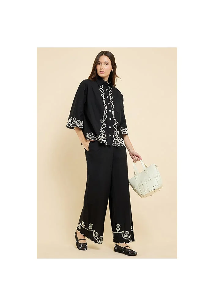 أر أند بي Embroidered Wide Leg Pants with Drawstring Waist