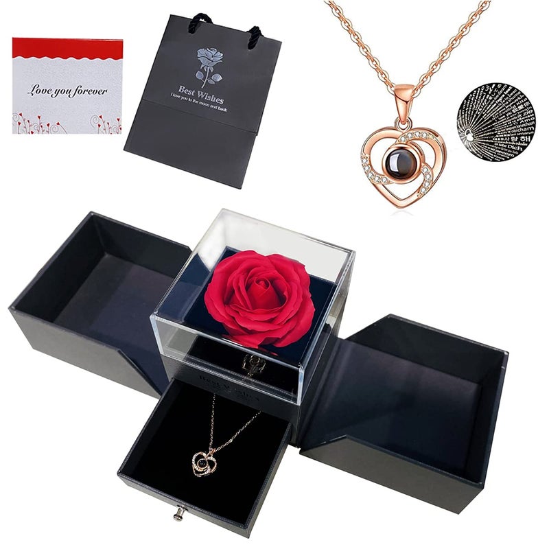 GUCHO Handmade Preserved Rose Gift Box with Forever Rose and Love You Necklace in 100 Languages Enchanted Flower Gift for Girlfriend Mother Wife on Anniversary Valentines Day Mothers Day Christmas Day - Image 1