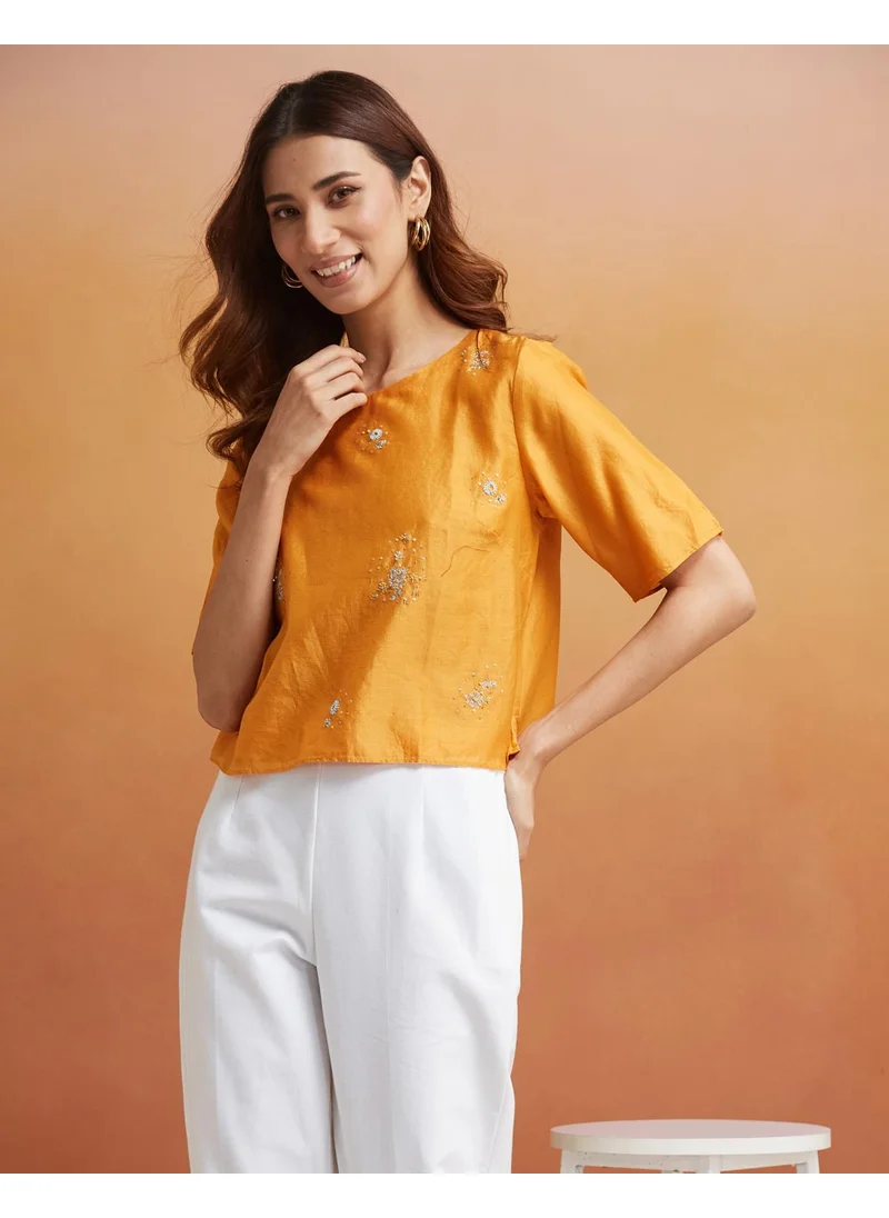 Fabindia Orange Cotton Silk Woven Short Top