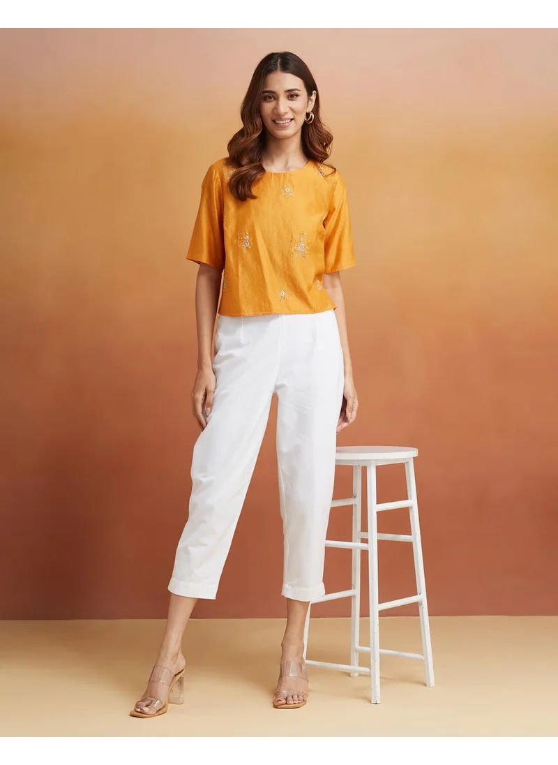 Fabindia Orange Cotton Silk Woven Short Top