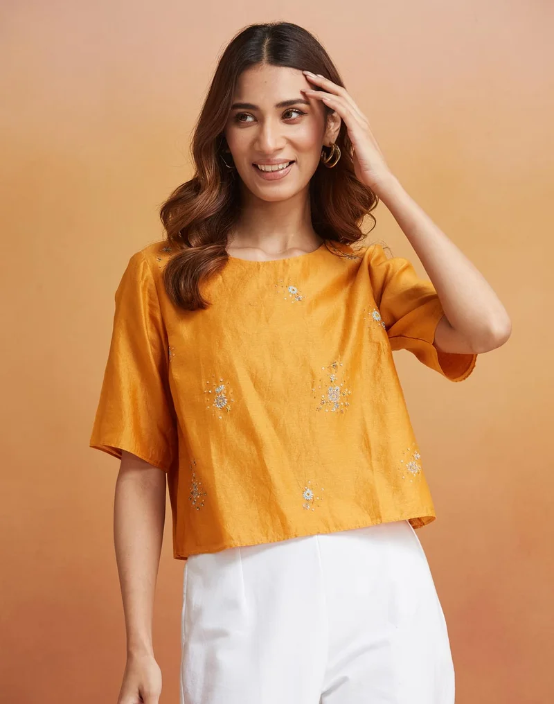 Fabindia Orange Cotton Silk Woven Short Top