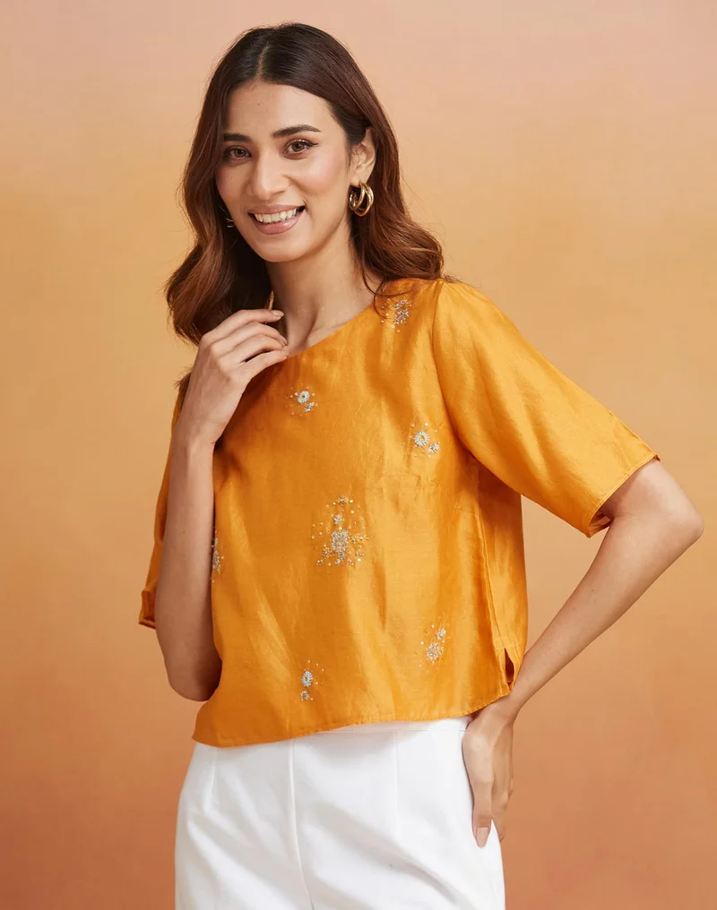 Fabindia Orange Cotton Silk Woven Short Top