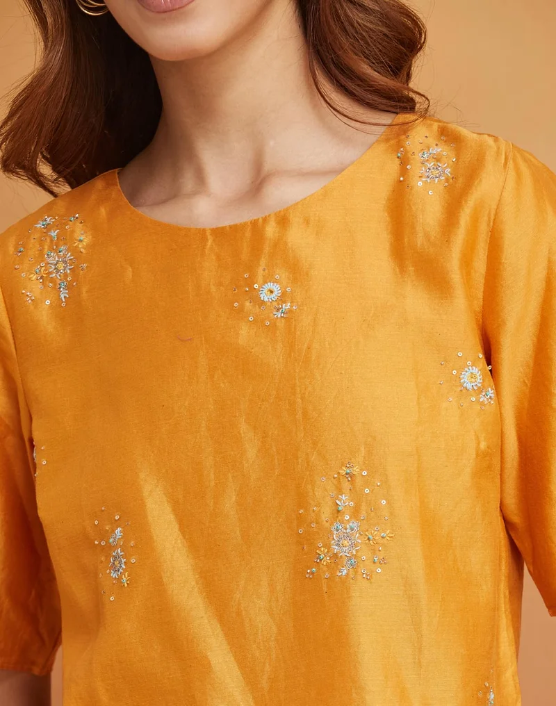 Fabindia Orange Cotton Silk Woven Short Top