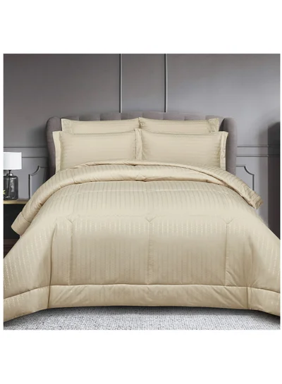 Donetella Hotel Style Comforter 6-Pcs Double Size Quilted Comforter Italian Jacquard With Non-Removable Quilt Brushed Microfiber Soft Down Alternative Filling, Beige