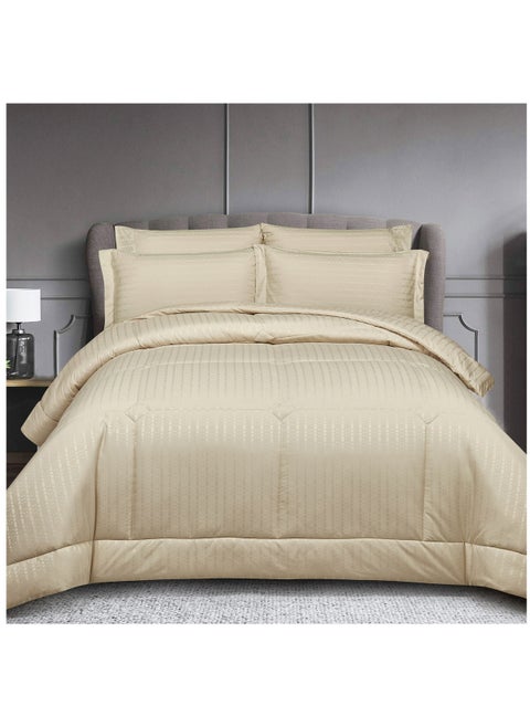 Hotel Style Comforter 6-Pcs Double Size Quilted Comforter Italian Jacquard With Non-Removable Quilt Brushed Microfiber Soft Down Alternative Filling, Beige