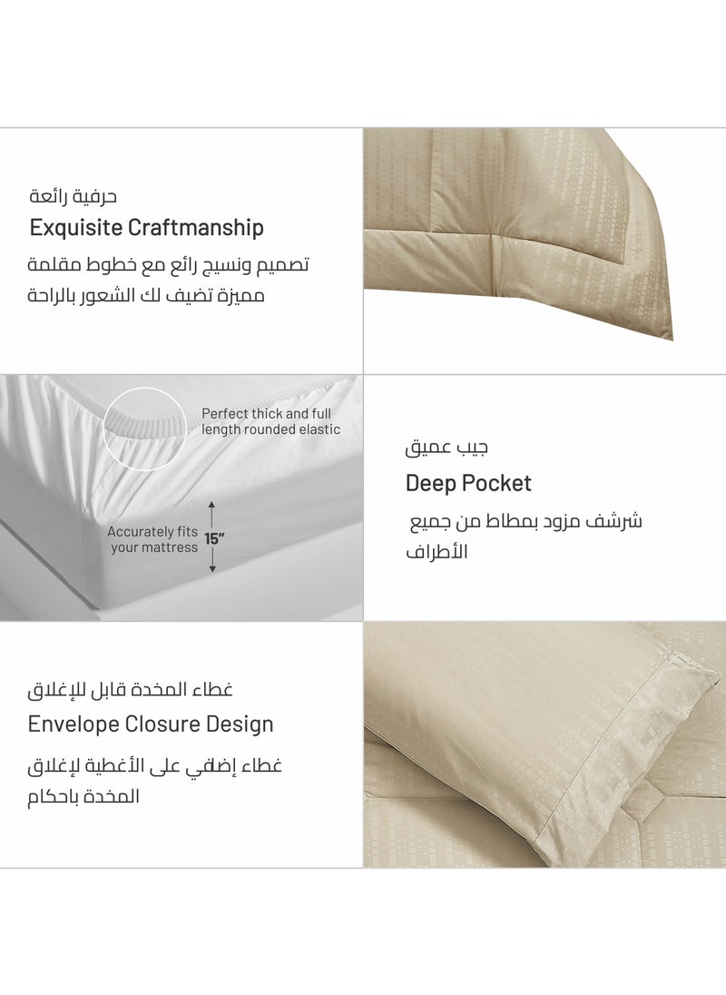 Hotel Style Comforter 6-Pcs Double Size Quilted Comforter Italian Jacquard With Non-Removable Quilt Brushed Microfiber Soft Down Alternative Filling, Beige