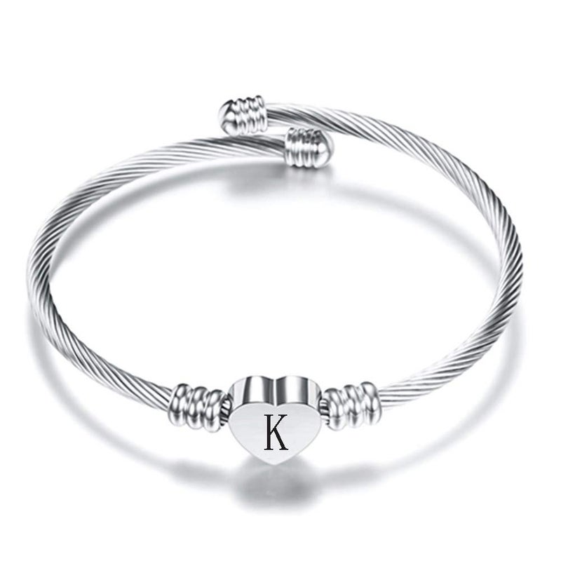 VQYSKO Silver Heart Initials Bracelet-A-Z Stainless Steel Engraved Charm Bracelet, Woman Jewelry Birthday Festival Gift (Silver K) - Image 1