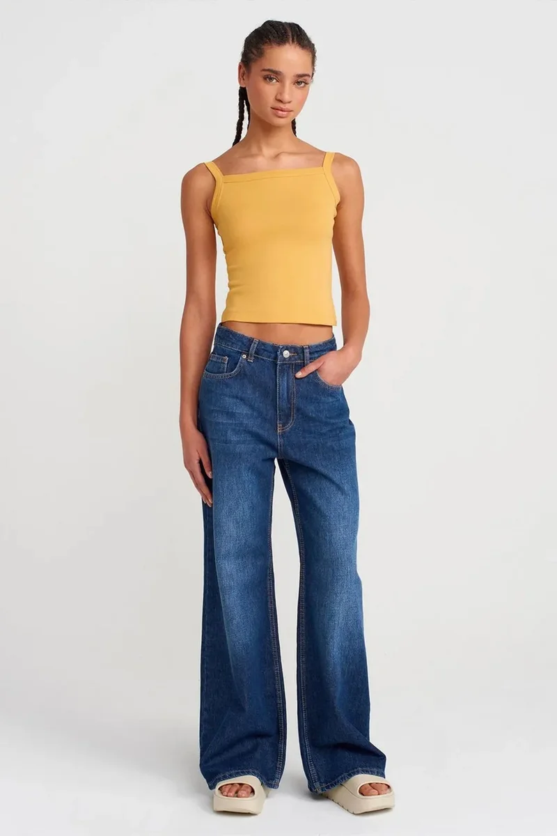 Dilvin Amber Yellow DILVIN Ribbed Cotton Square-Neck Cami Blouse for Women | Best Price UAE