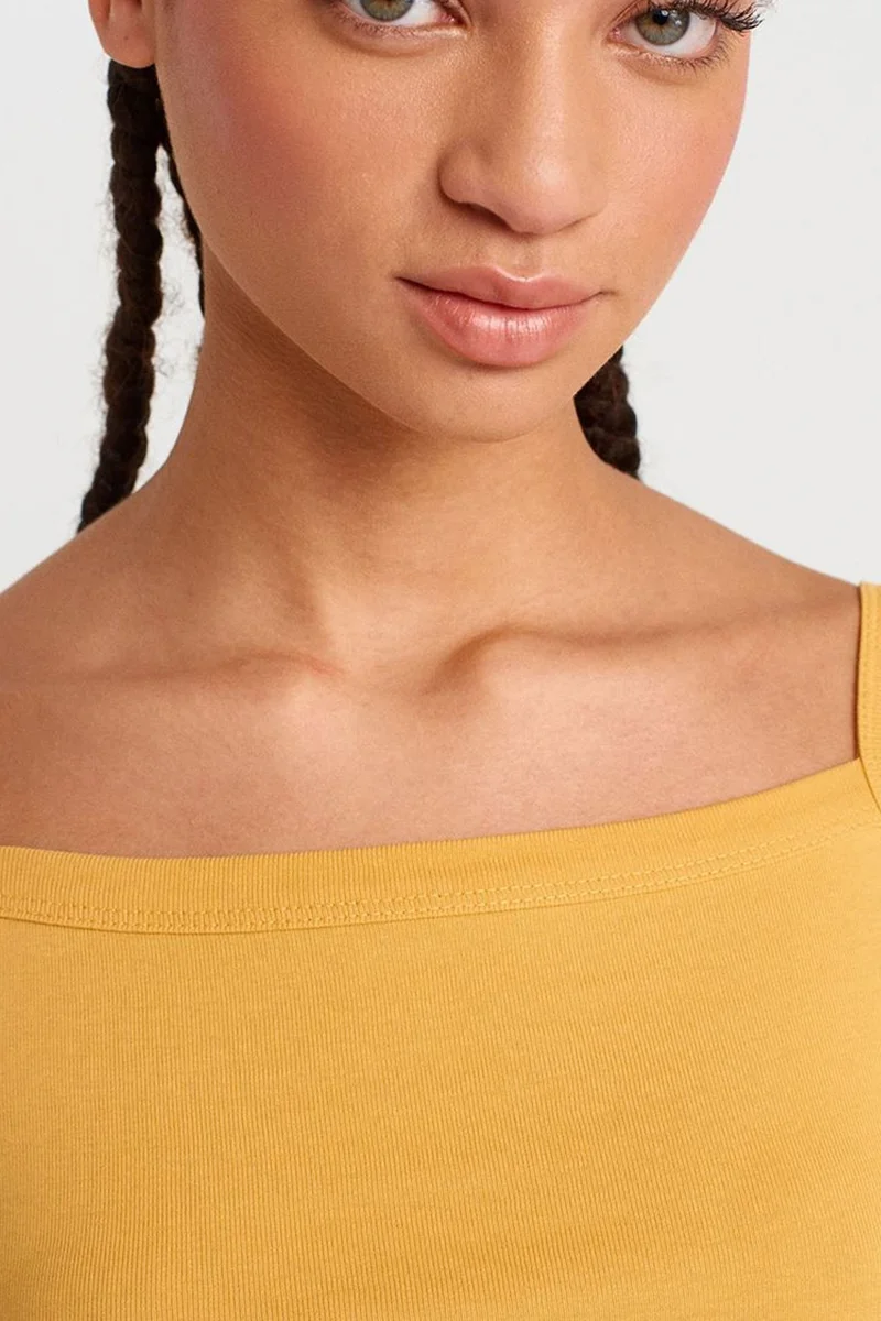 Dilvin Amber Yellow DILVIN Ribbed Cotton Square-Neck Cami Blouse for Women | Best Price UAE