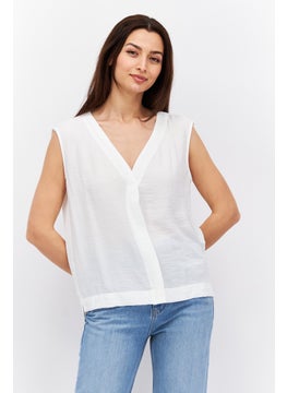 ESPRIT Women V Neck Sleeveless Textured Blouse, White  - Image 1