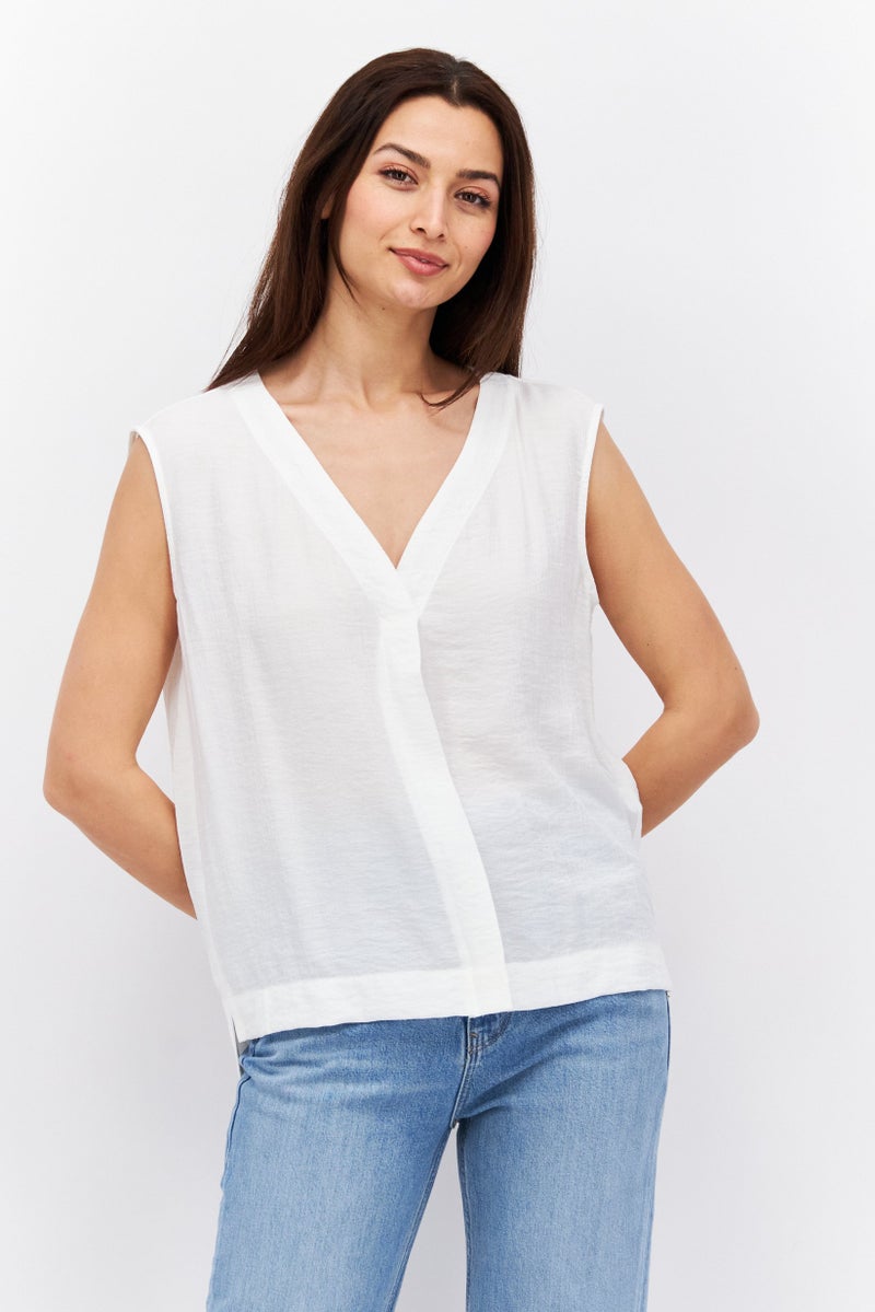 ESPRIT Women V Neck Sleeveless Textured Blouse, White - Image 1