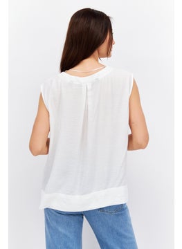 ESPRIT Women V Neck Sleeveless Textured Blouse, White  - Image 3