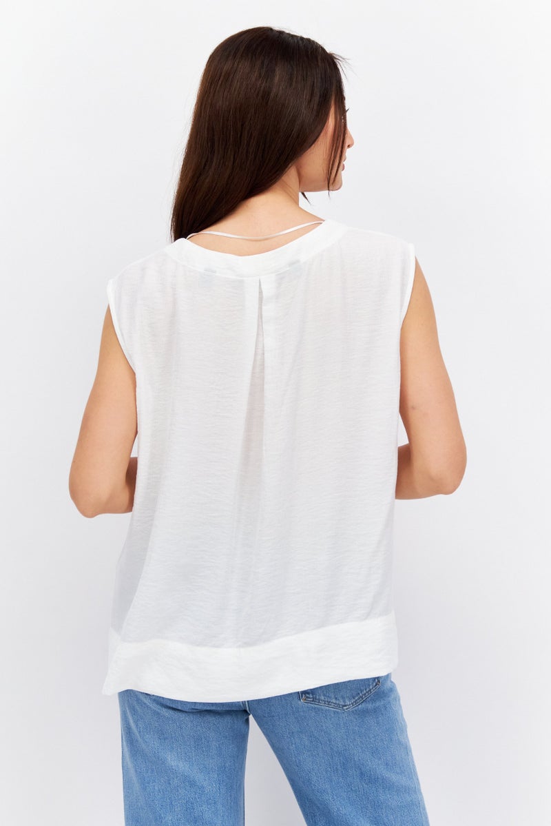 ESPRIT Women V Neck Sleeveless Textured Blouse, White - Image 3