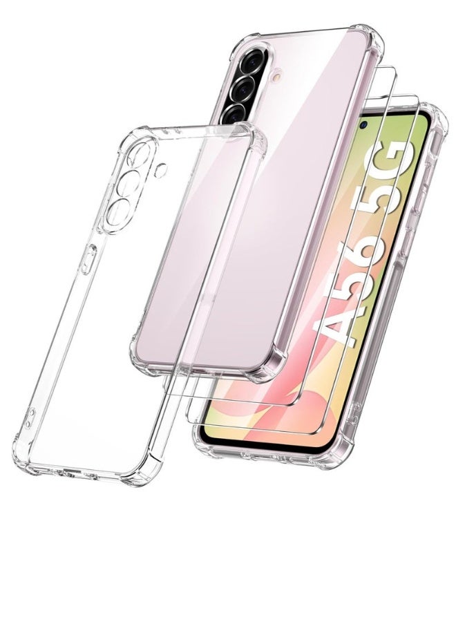 دوسالا حافظة شفافة مضادة للصدمات لهاتف سامسونج A56 مع طقم زجاج مقوى مزدوج لحماية الشاشة من الحافة إلى الحافة، تغطية شاشة كاملة، غطاء ممتص للصدمات لهاتف سامسونج جالاكسي A56 5G 2025. - Image 1