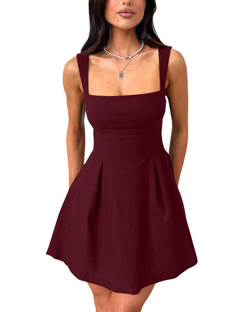 YMDUCH Women's Sexy Sleeveless Square Neck Adjustable Straps Bow Tie A-line Mini Party Club Dress WineRed X-Large - Image 1