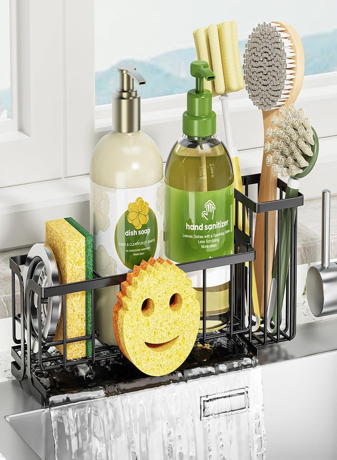 Epicano Sink Caddy Sponge Holder, Smiley Face Sponge Rack with High Brush Holder,Rustproof Kitchen Countertop Organizer,Kitchen Gadgets Sink Accessories, 9.8" x 6.3" x 4.1", Black - Image 1