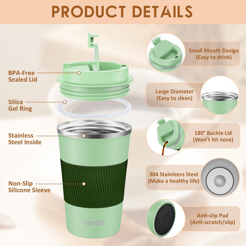 KETIEE Travel Mugs, 380ml Insulated Coffee Cup with Leakproof Lid,Reusable Coffee Cups Travel Cup,Coffee Travel Mug,Double Walled Coffee Mug,Stainless Steel thermaol Mug for Hot Cold Drinks,Green - Image 2