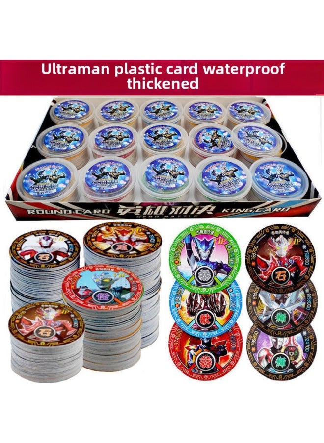 Ultraman Round Card Waterproof Thickened Plastic Round Card Fighting Coin Cello Dijia Round Hard Card Drop-Resistant Card-color:2 Cans, 30 Sheets, Free Storage Cans