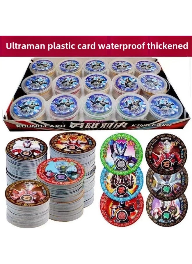 Ultraman Round Card Waterproof Thickened Plastic Round Card Fighting Coin Cello Dijia Round Hard Card Drop-Resistant Card-color:2 Cans, 30 Sheets, Free Storage Cans