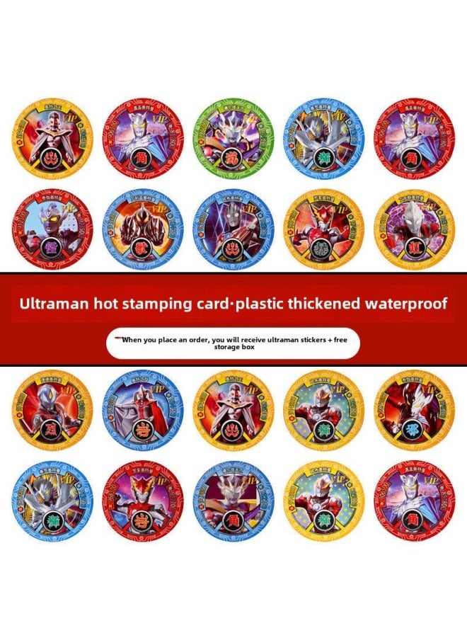 Ultraman Round Card Waterproof Thickened Plastic Round Card Fighting Coin Cello Dijia Round Hard Card Drop-Resistant Card-color:2 Cans, 30 Sheets, Free Storage Cans