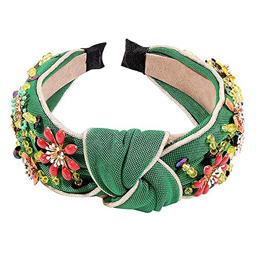 QTMY Rhinestone Crystal Wide Headbands Knot Turban Fashion Vintage Hairband Elastic Hair Hoops Hair Accessories for Women Girls (Green) - Image 1