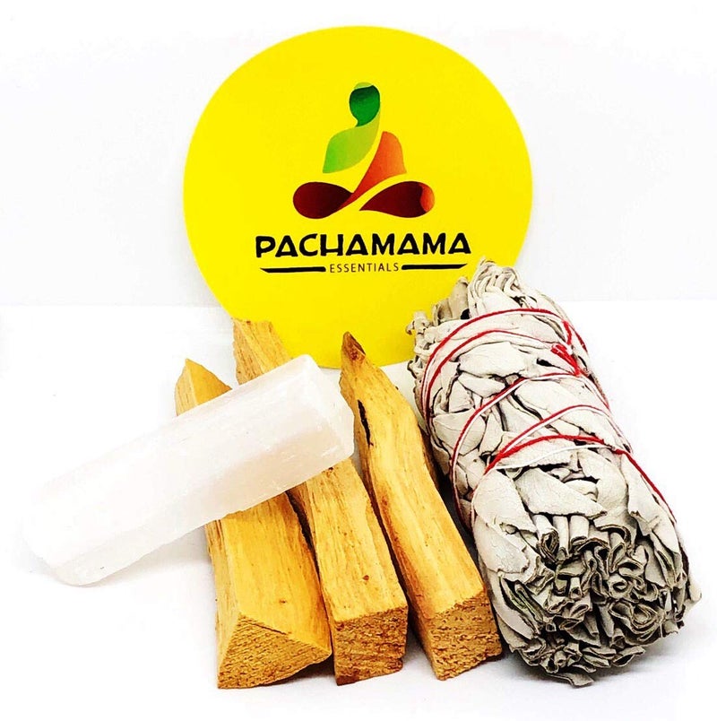 Pachamama Essentials Organic White Sage Salvia Apiana Palo Santo Holly Wood Selenite Stick Healing kit palo Santo Sticks Smudge kit - Image 1