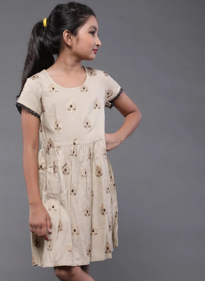 AKS Beige Ethnic Print Fit & Flare Dress for Girls