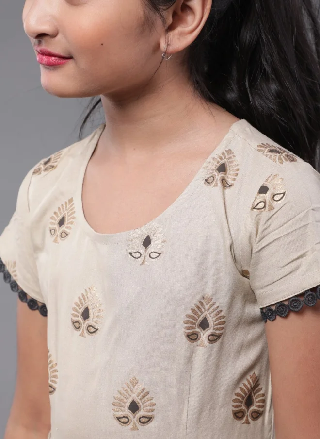 AKS Beige Ethnic Print Fit & Flare Dress for Girls