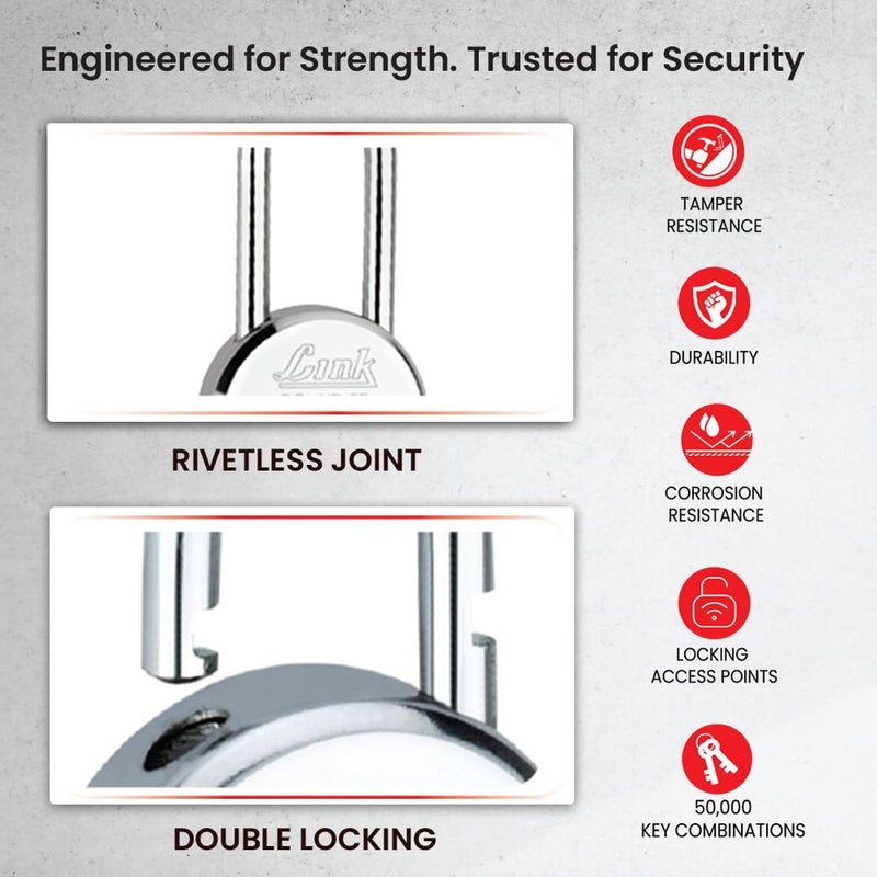 Link ® قفل دائري طويل بشاكلة 50 مم | جسم فولاذي | رافعة حديدية | قفل مزدوج | 50,000 تركيبة مفتاح مع 3 مفاتيح فضية لكل قفل (عبوة من 2) - Image 4