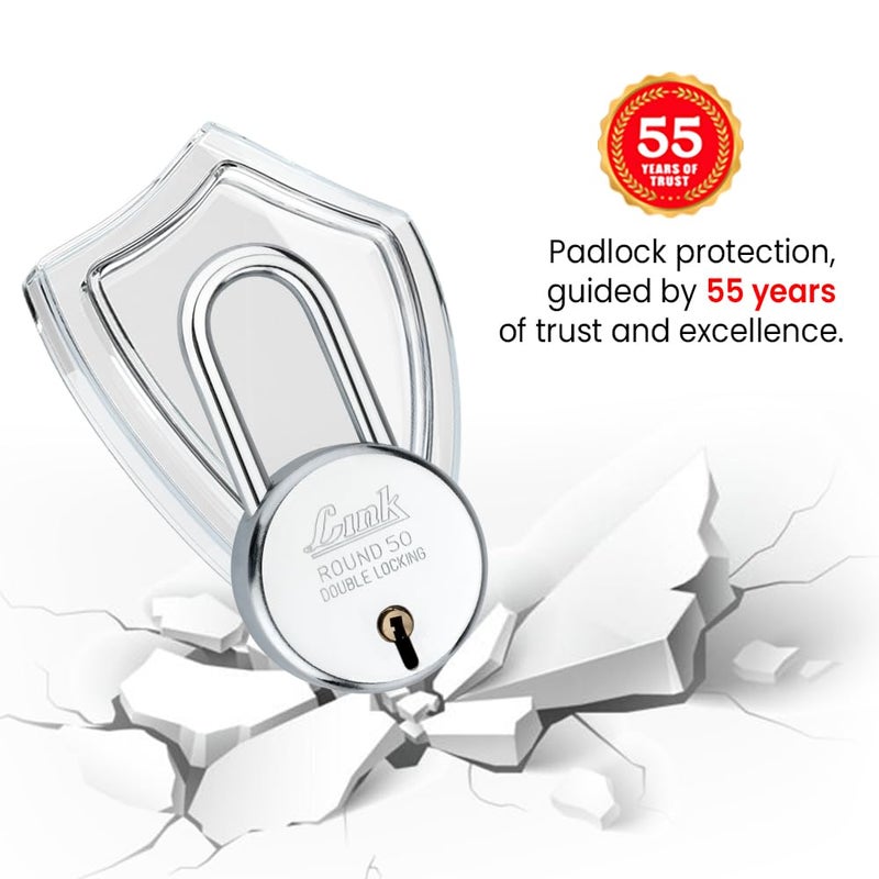 Link ® قفل دائري طويل بشاكلة 50 مم | جسم فولاذي | رافعة حديدية | قفل مزدوج | 50,000 تركيبة مفتاح مع 3 مفاتيح فضية لكل قفل (عبوة من 2) - Image 3