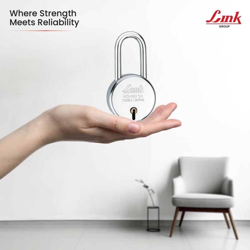 Link ® قفل دائري طويل بشاكلة 50 مم | جسم فولاذي | رافعة حديدية | قفل مزدوج | 50,000 تركيبة مفتاح مع 3 مفاتيح فضية لكل قفل (عبوة من 2) - Image 2
