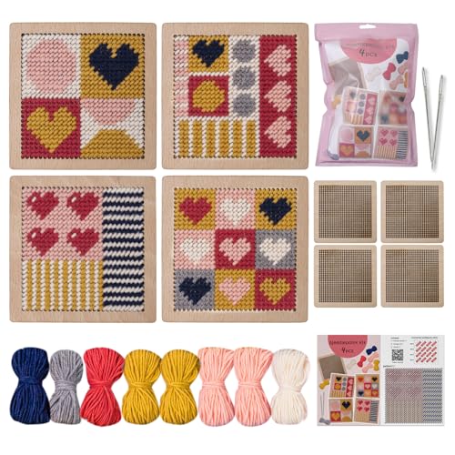 Yushen 4Pcs Heart Coaster Needlepoint Kit for Adult Cross Stitch Kits DIY Adults Needlepoint Embroidery Starter Set with Patterns Embroidery Needles Threads Crafts (Love) - Image 1