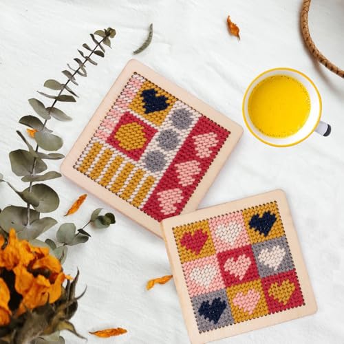 Yushen 4Pcs Heart Coaster Needlepoint Kit for Adult Cross Stitch Kits DIY Adults Needlepoint Embroidery Starter Set with Patterns Embroidery Needles Threads Crafts (Love) - Image 4