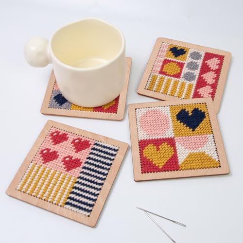 Yushen 4Pcs Heart Coaster Needlepoint Kit for Adult Cross Stitch Kits DIY Adults Needlepoint Embroidery Starter Set with Patterns Embroidery Needles Threads Crafts (Love) - Image 2