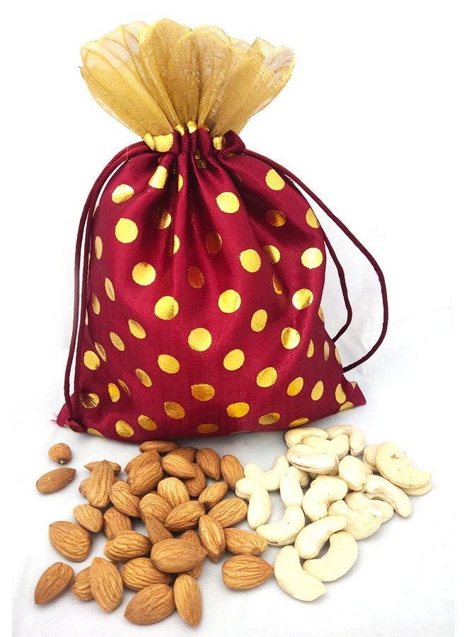 3A FEATURETAIL Fabric 18Cm X 24Cm Large Polka Dot Drawstring Bags Pouches Potli For Gift Wedding Jewelry Packaging Bridal Favors For Women (10Pc Set, Maroon Color With Golden Dot) - Image 4