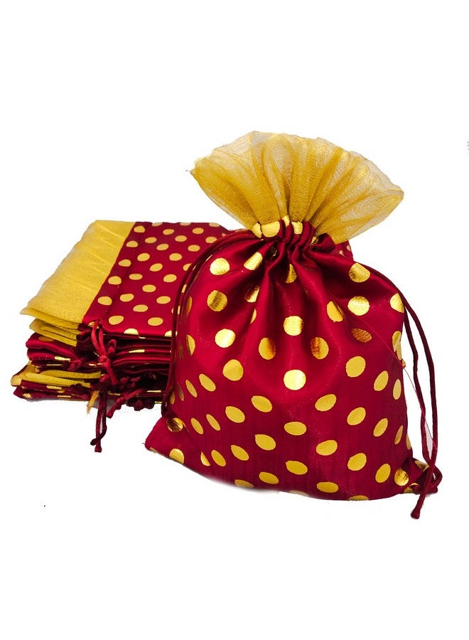 3A FEATURETAIL Fabric 18Cm X 24Cm Large Polka Dot Drawstring Bags Pouches Potli For Gift Wedding Jewelry Packaging Bridal Favors For Women (10Pc Set, Maroon Color With Golden Dot) - Image 1